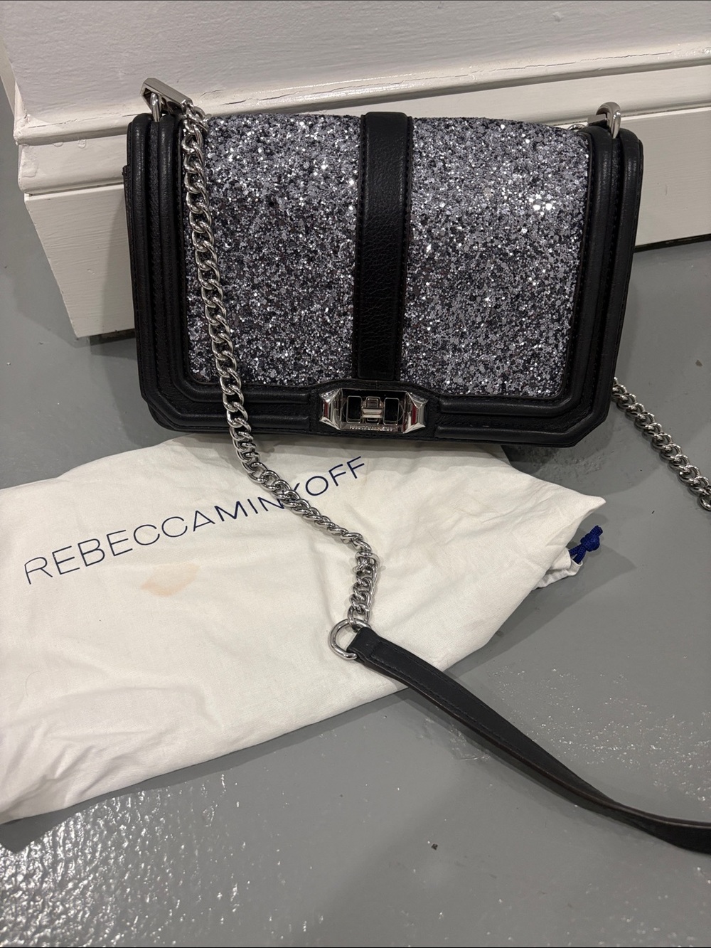 Rebecca Minkoff Black Trim Silver Glitter Quilted Crossbody